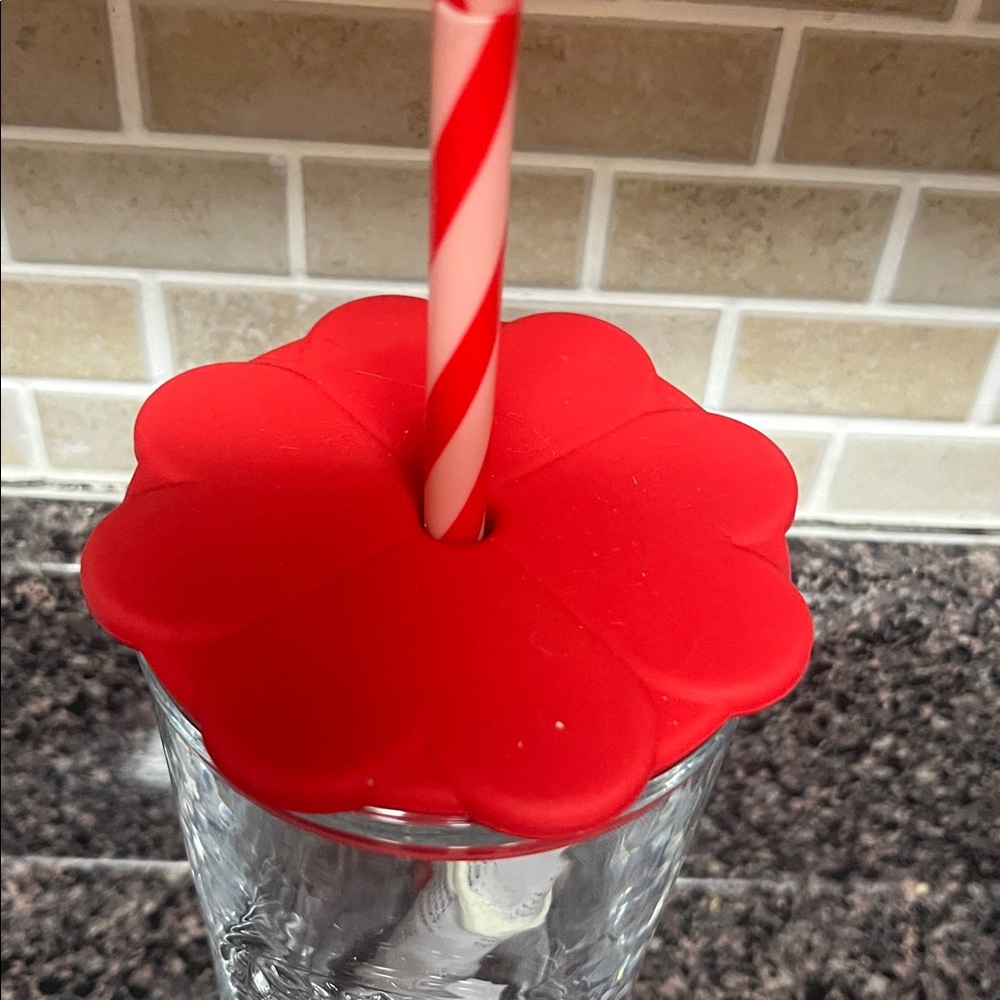 Starbucks Glass Tumbler with Red Floral Lid and Straw, New - Picture 2 of 3